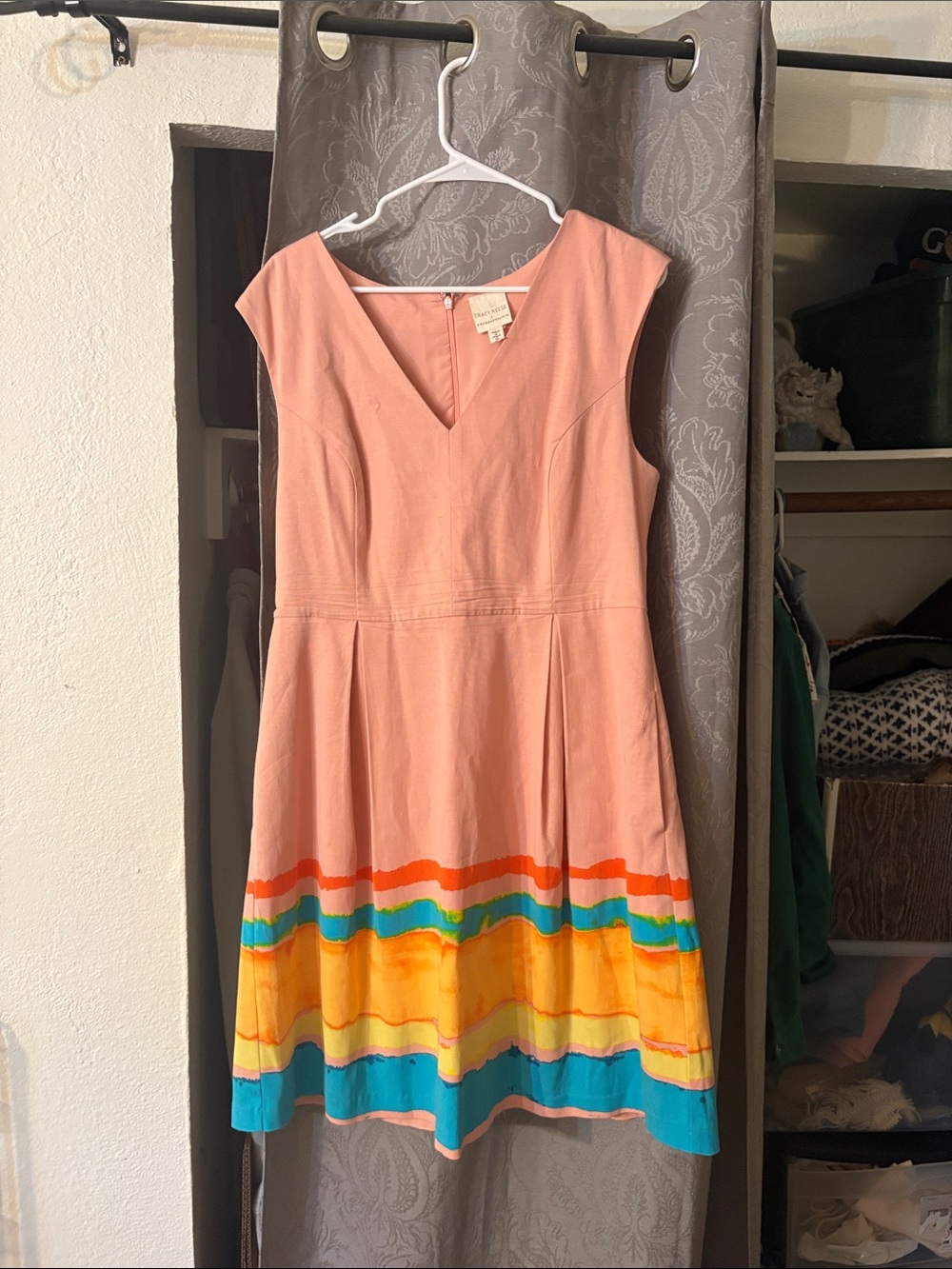 Anthropologie Peach Midi Dress with Multicolor Stripe Hem